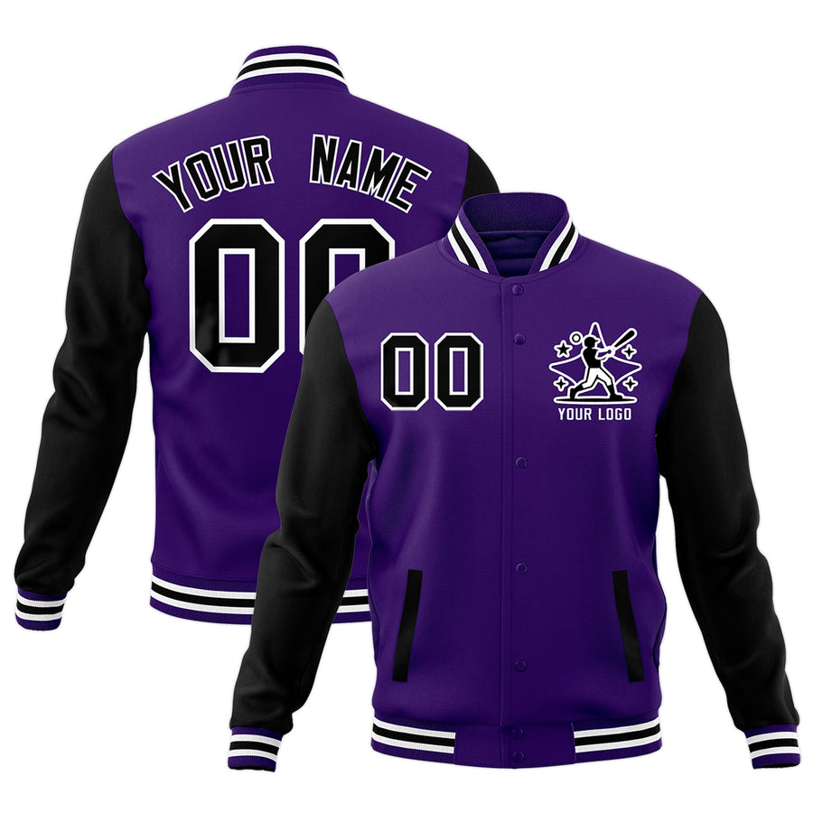 Custom Black Purple White Raglan Sleeves Full-Snap Letterman Cotton Fabric Jacket | BuyFootballJersey