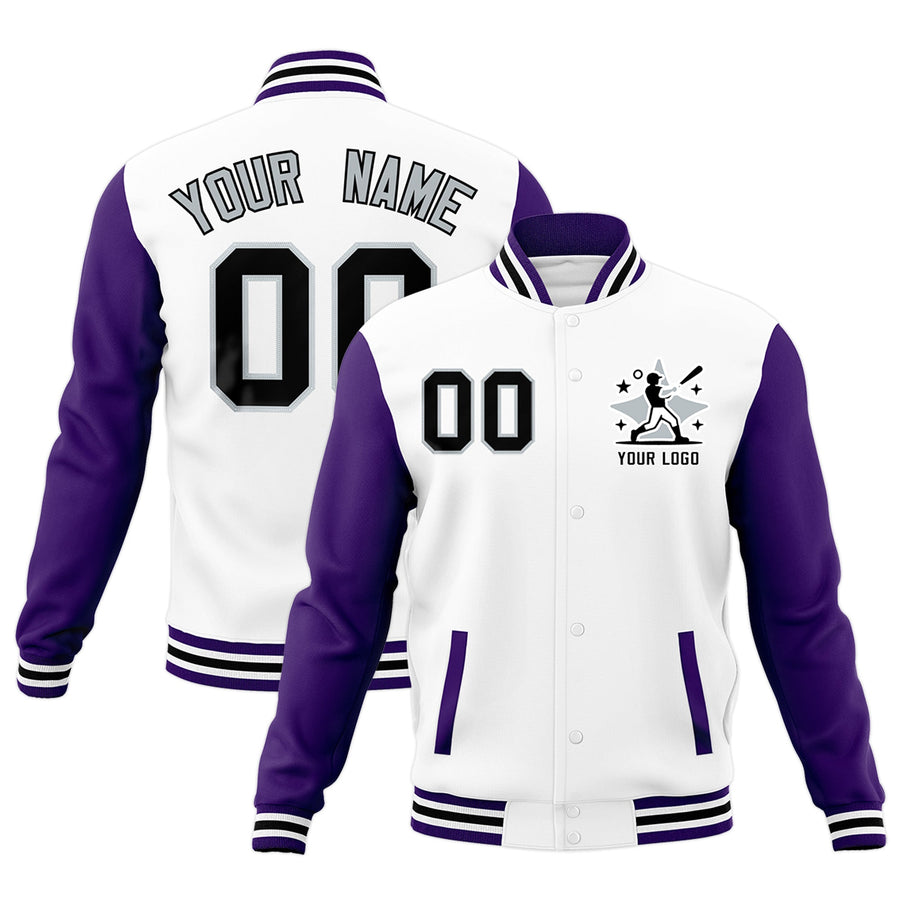 Custom White Purple Black Raglan Sleeves Full-Snap Letterman Cotton Fabric Jacket | BuyFootballJersey