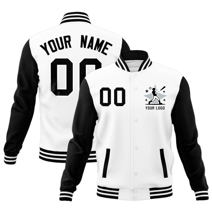 Custom White Black Raglan Sleeves Full-Snap Letterman Cotton Fabric Jacket | BuyFootballJersey