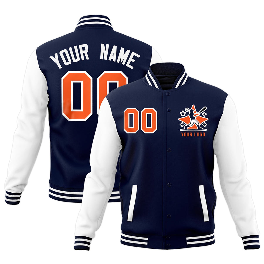Custom Navy White Red Raglan Sleeves Full-Snap Letterman Cotton Fabric Jacket | BuyFootballJersey