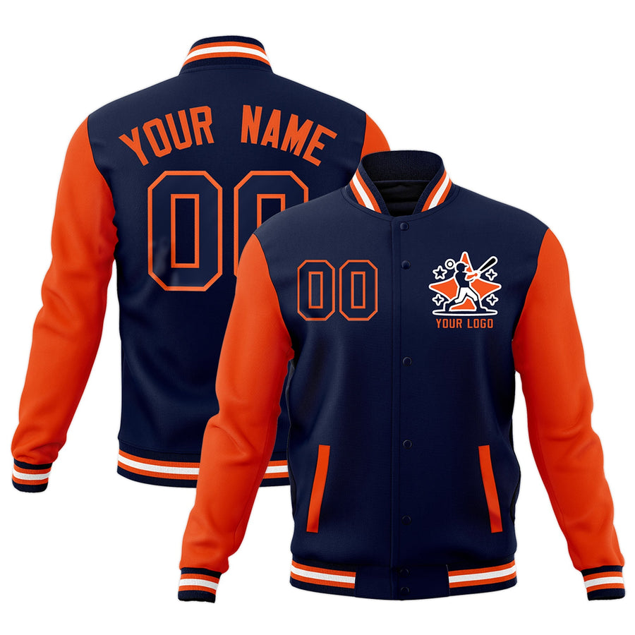Custom Navy Orange White Raglan Sleeves Full-Snap Letterman Cotton Fabric Jacket | BuyFootballJersey