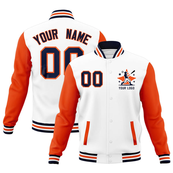 Custom White Orange Navy Raglan Sleeves Full-Snap Letterman Cotton Fabric Jacket | BuyFootballJersey