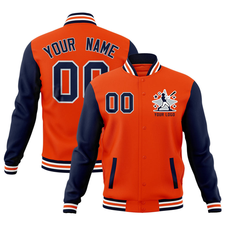 Custom Orange Navy White Raglan Sleeves Full-Snap Letterman Cotton Fabric Jacket | BuyFootballJersey