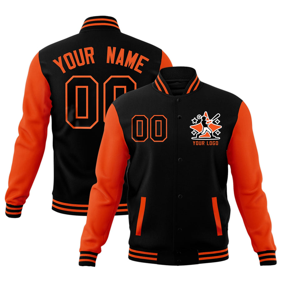 Custom Orange Black Raglan Sleeves Full-Snap Letterman Cotton Fabric Jacket | BuyFootballJersey