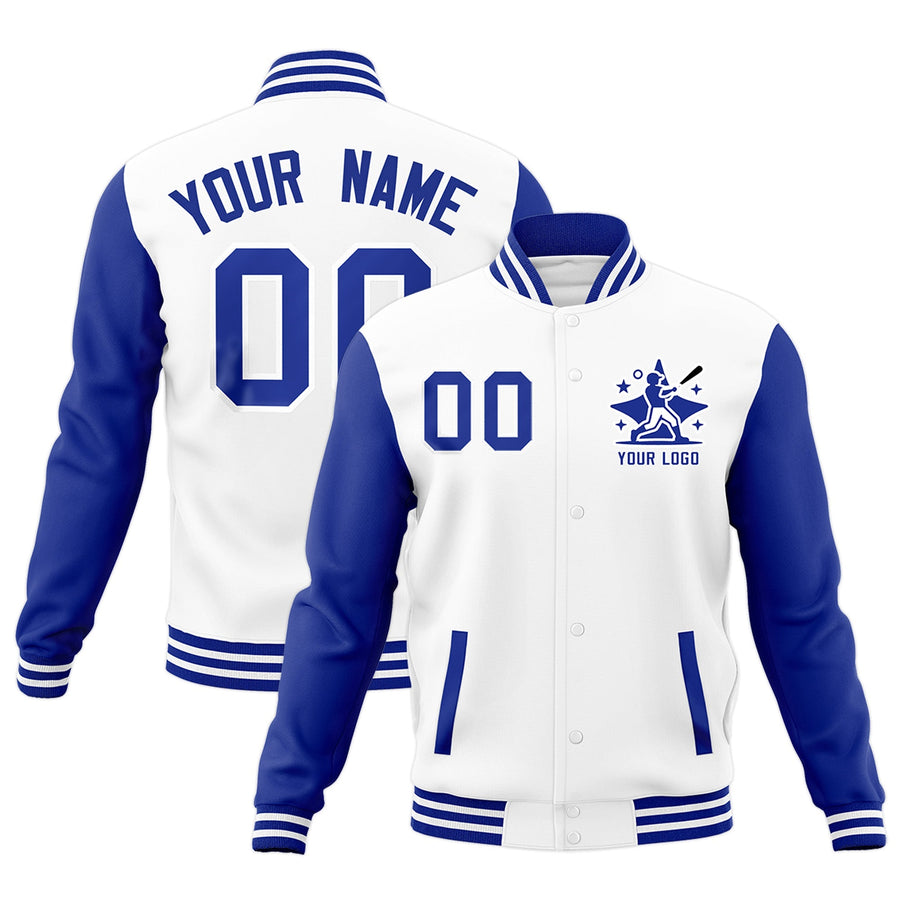 Custom White Royal Blue Raglan Sleeves Full-Snap Letterman Cotton Fabric Jacket | BuyFootballJersey