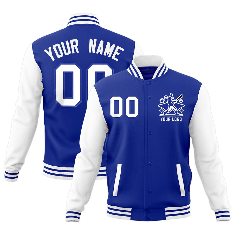 Custom Royal Blue White Raglan Sleeves Full-Snap Letterman Cotton Fabric Jacket | BuyFootballJersey