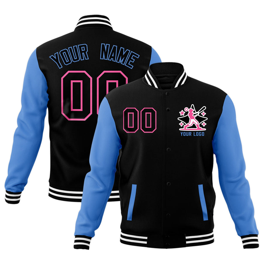 Custom Black Powder Blue White Raglan Sleeves Full-Snap Letterman Cotton Fabric Jacket | BuyFootballJersey