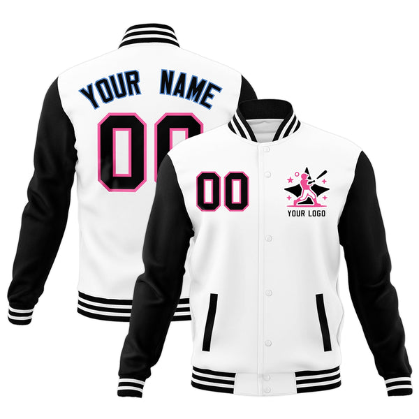 Custom White Black Pink Raglan Sleeves Full-Snap Letterman Cotton Fabric Jacket | BuyFootballJersey