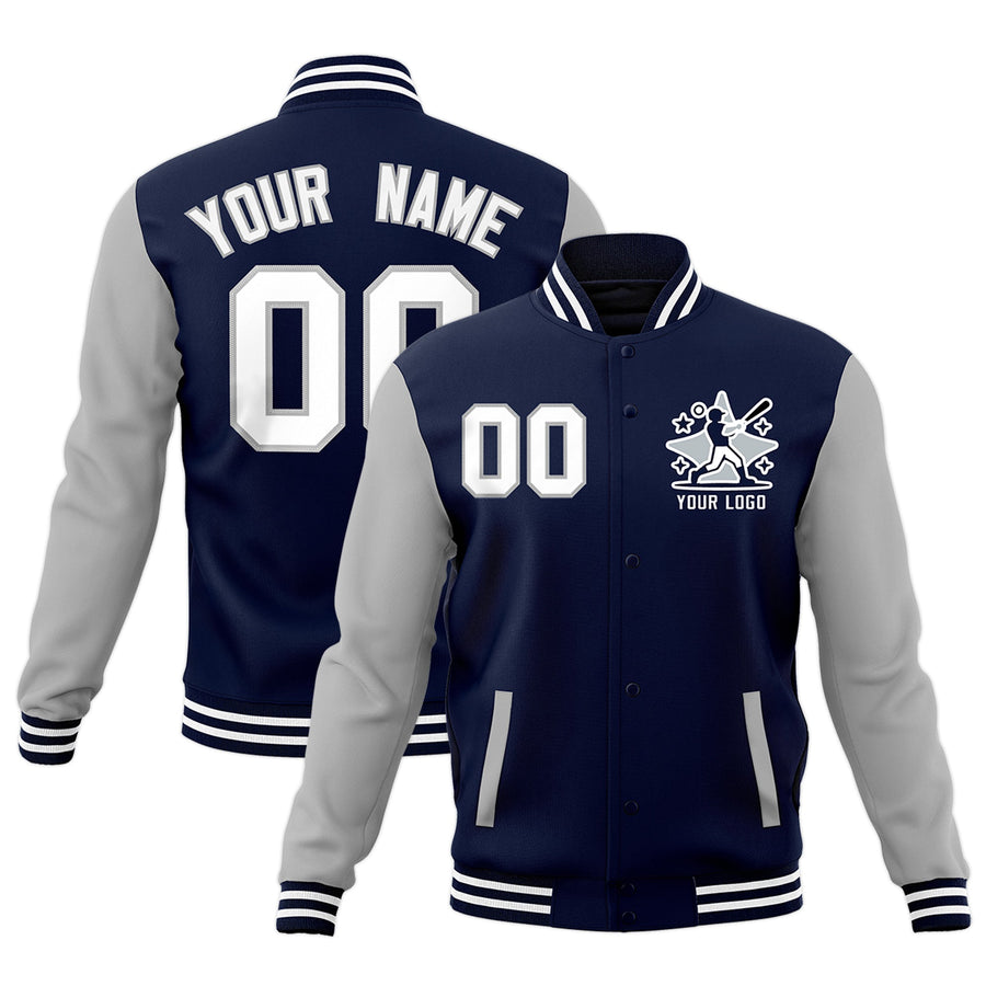 Custom Navy Gray White Raglan Sleeves Full-Snap Letterman Cotton Fabric Jacket | BuyFootballJersey
