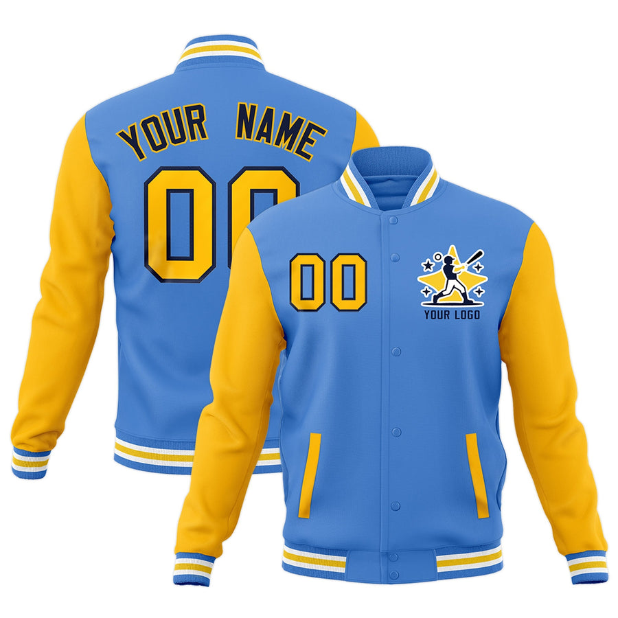 Custom Powder Blue Light Blue White Raglan Sleeves Full-Snap Letterman Cotton Fabric Jacket | BuyFootballJersey