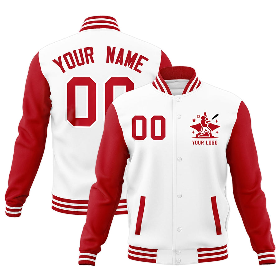 Custom Red White Raglan Sleeves Full-Snap Letterman Cotton Fabric Jacket | BuyFootballJersey