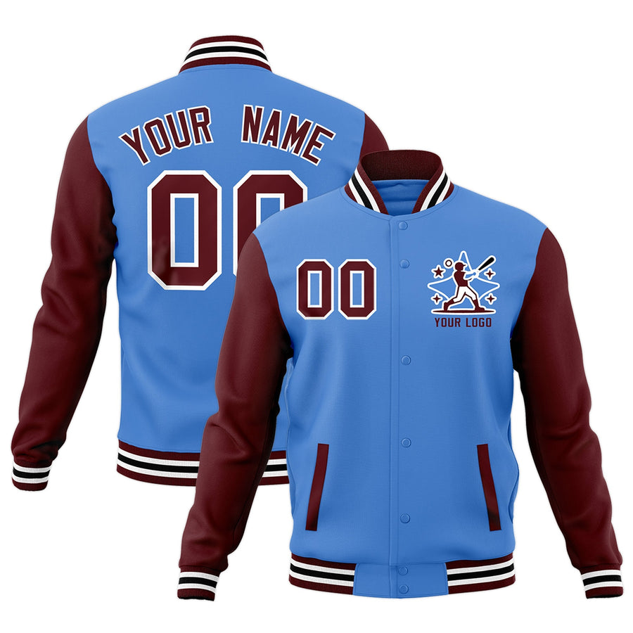 Custom Powder Blue Crimson White Raglan Sleeves Full-Snap Letterman Cotton Fabric Jacket | BuyFootballJersey