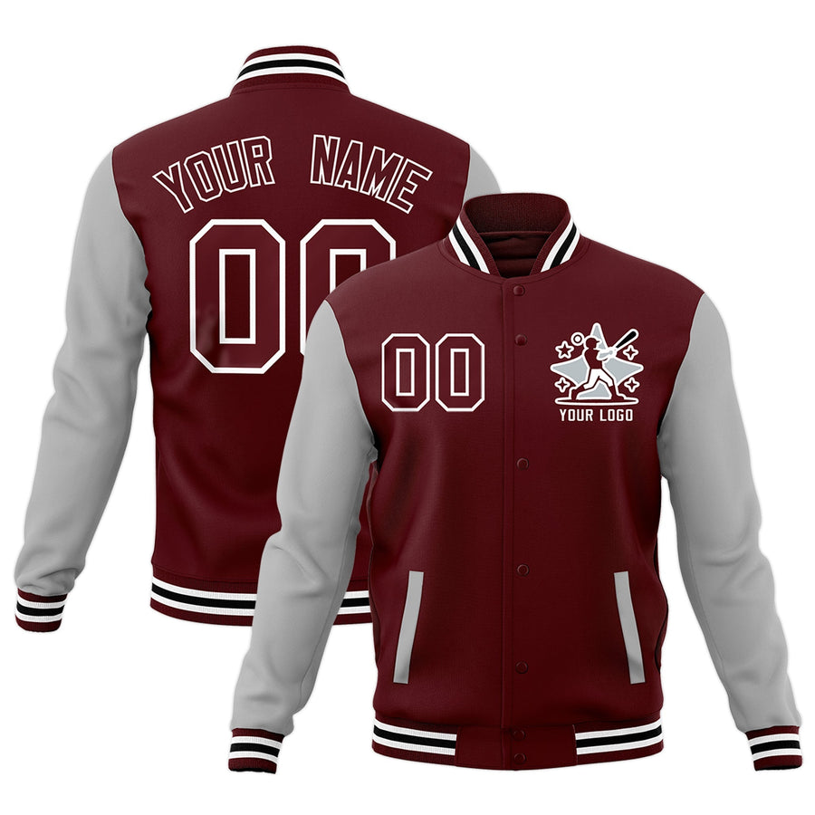 Custom Crimson Gray White Raglan Sleeves Full-Snap Letterman Cotton Fabric Jacket | BuyFootballJersey