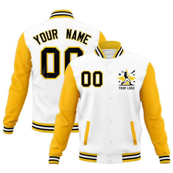 Custom White Gold Black Raglan Sleeves Full-Snap Letterman Cotton Fabric Jacket | BuyFootballJersey