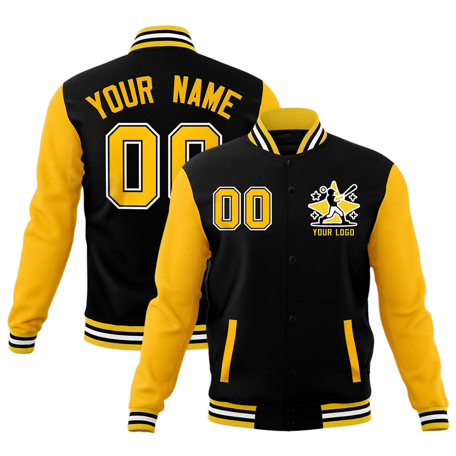 Custom Black Gold White Raglan Sleeves Full-Snap Letterman Cotton Fabric Jacket | BuyFootballJersey