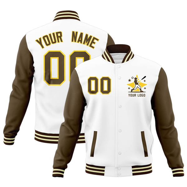 Custom White Light Brown Brown Raglan Sleeves Full-Snap Letterman Cotton Fabric Jacket | BuyFootballJersey