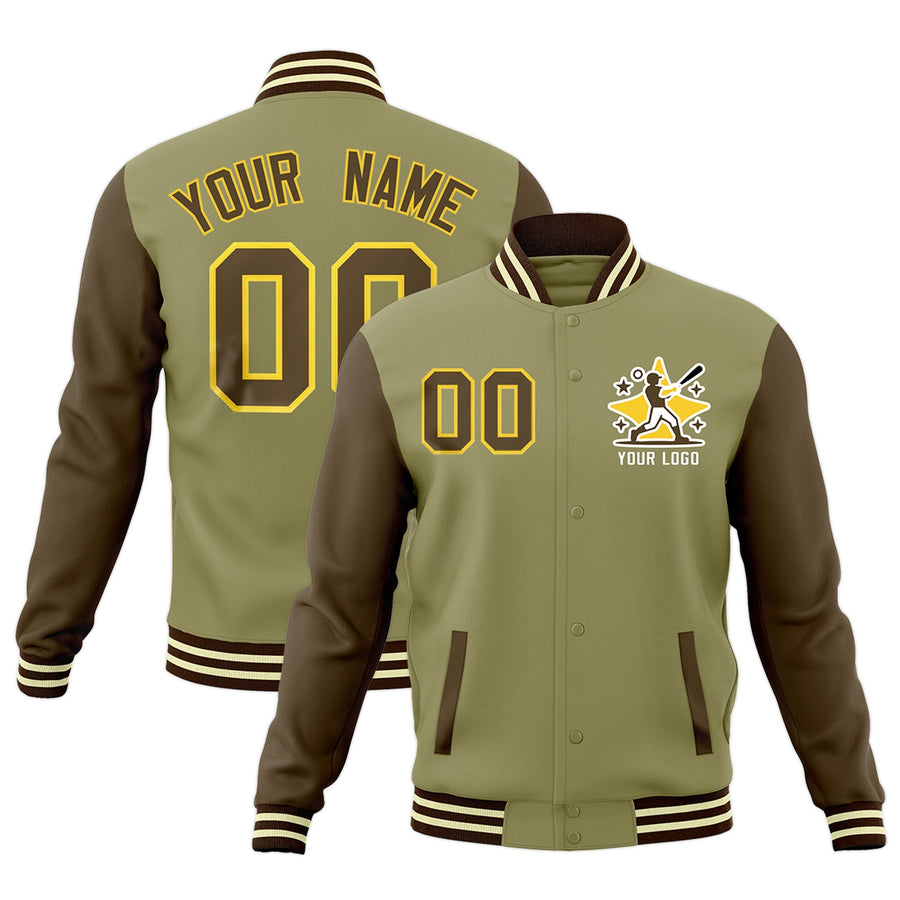 Custom Khaki Light Brown Cream Raglan Sleeves Full-Snap Letterman Cotton Fabric Jacket | BuyFootballJersey