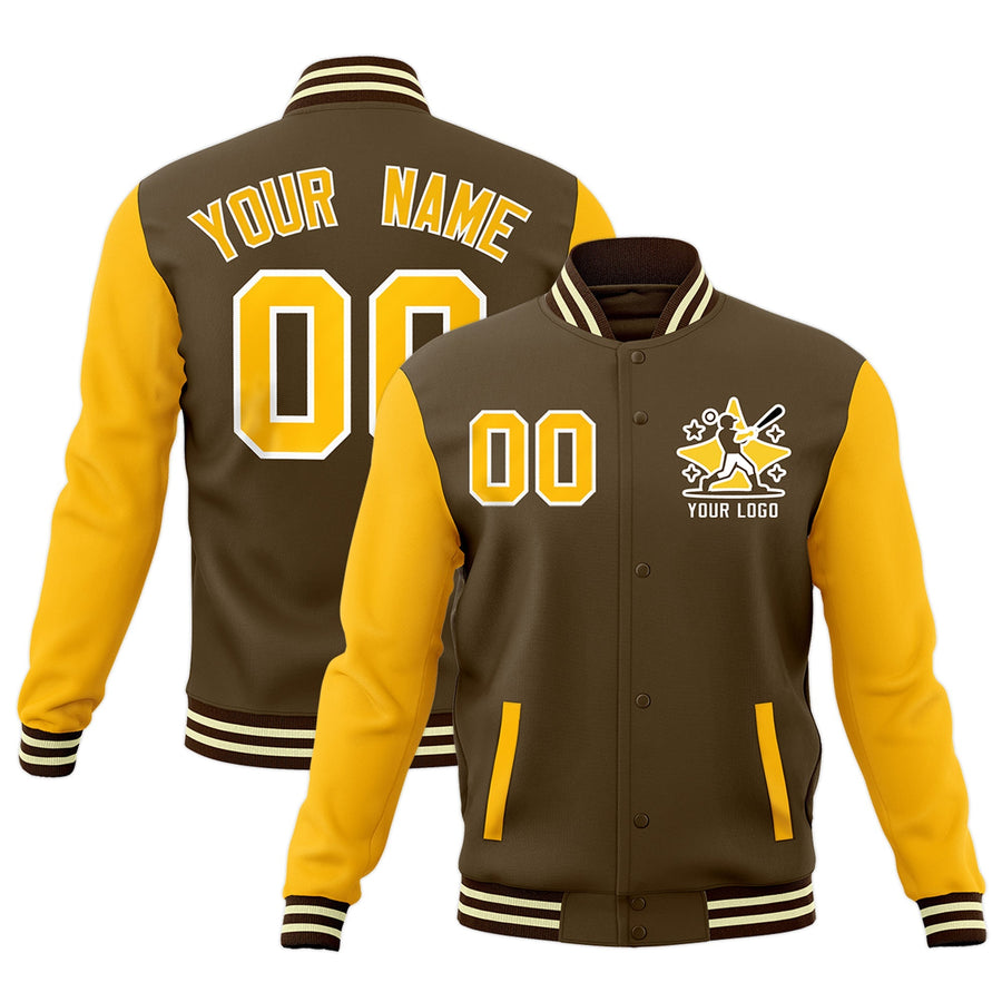 Custom Yellow Light Brown Cream Raglan Sleeves Full-Snap Letterman Cotton Fabric Jacket | BuyFootballJersey