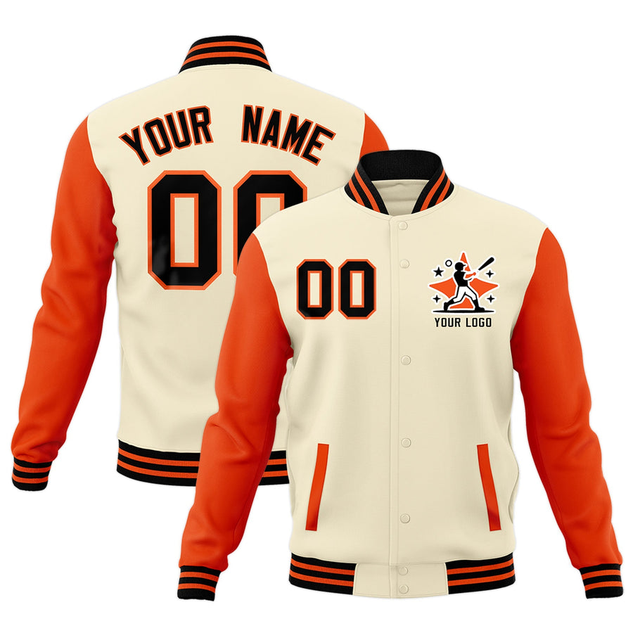 Custom Cream Orange Black Raglan Sleeves Full-Snap Letterman Cotton Fabric Jacket | BuyFootballJersey