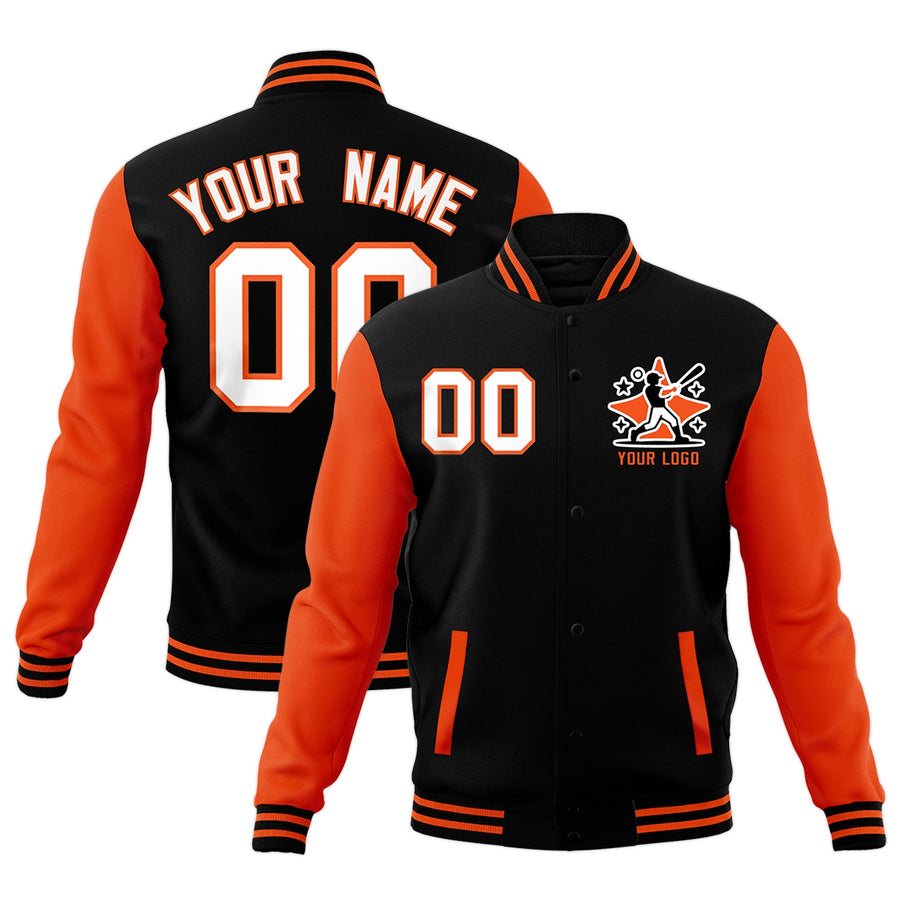 Custom Black Orange Raglan Sleeves Full-Snap Letterman Cotton Fabric Jacket | BuyFootballJersey