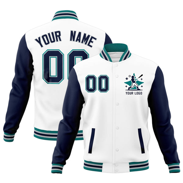 Custom White Navy Teal Raglan Sleeves Full-Snap Letterman Cotton Fabric Jacket | BuyFootballJersey