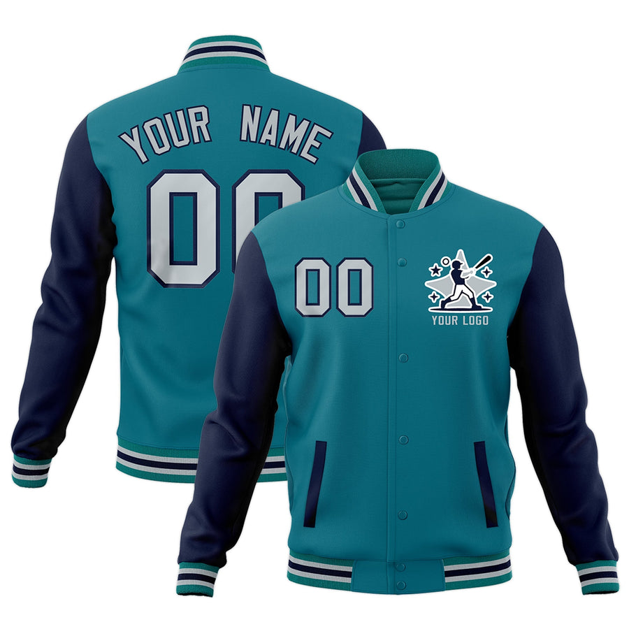 Custom Teal Navy Gray Raglan Sleeves Full-Snap Letterman Cotton Fabric Jacket | BuyFootballJersey