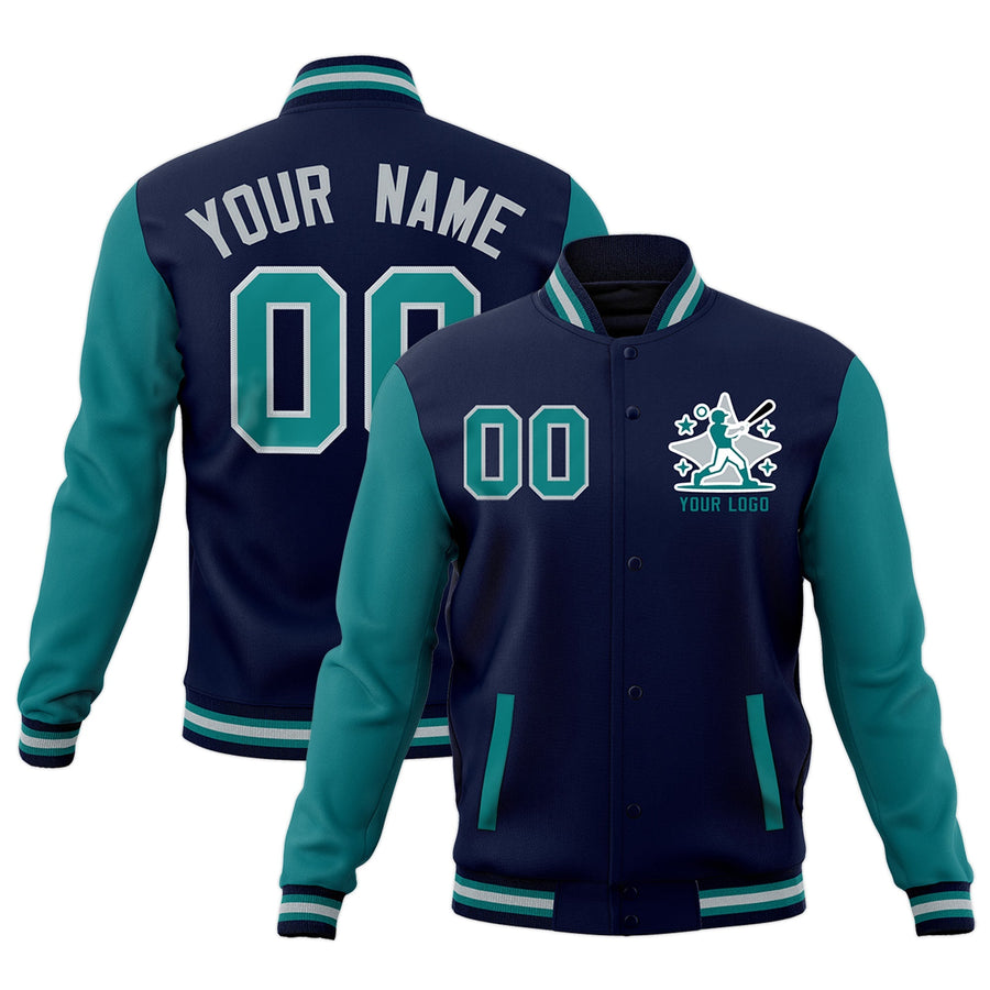 Custom Navy Teal Gray Raglan Sleeves Full-Snap Letterman Cotton Fabric Jacket | BuyFootballJersey