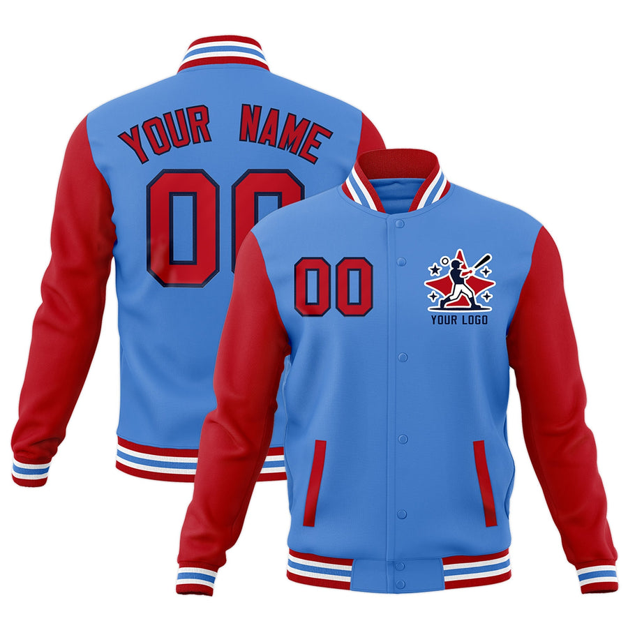 Custom Powder Blue Red White Raglan Sleeves Full-Snap Letterman Cotton Fabric Jacket | BuyFootballJersey
