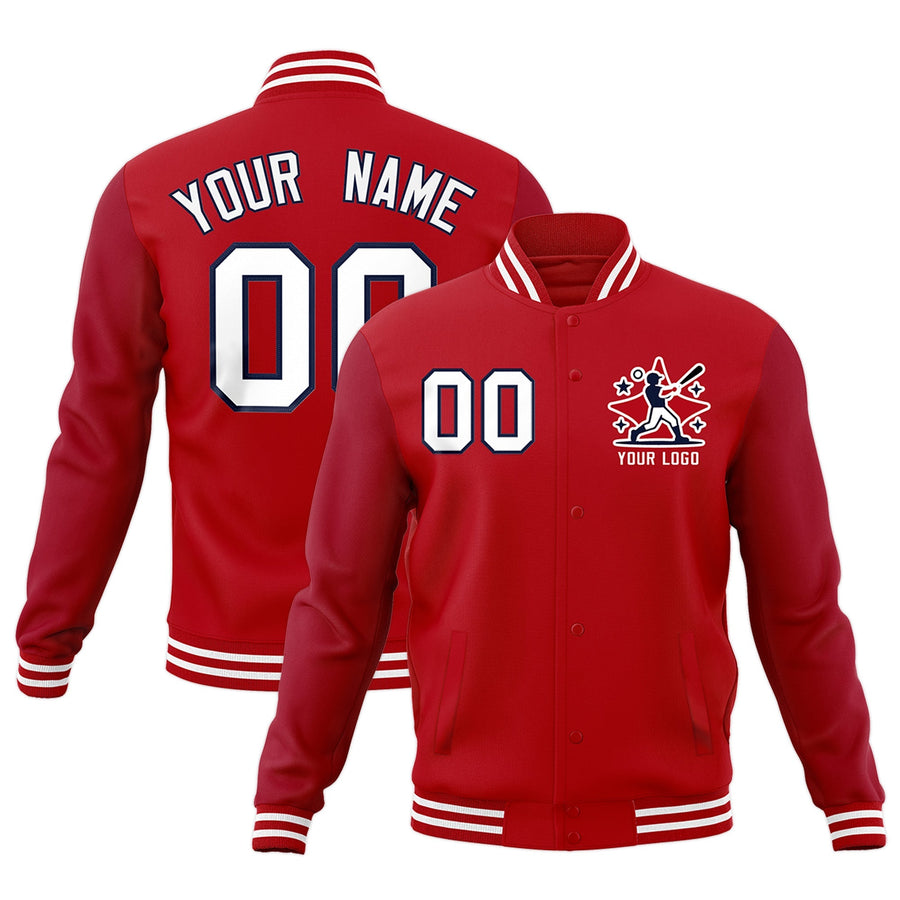 Custom Red White Navy Raglan Sleeves Full-Snap Letterman Cotton Fabric Jacket | BuyFootballJersey