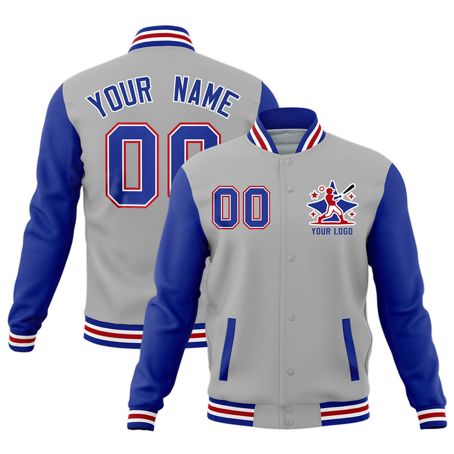 Custom Gray Royal Blue White Raglan Sleeves Full-Snap Letterman Cotton Fabric Jacket | BuyFootballJersey