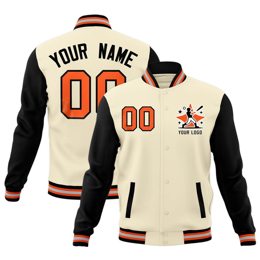 Custom Cream Black Orange Raglan Sleeves Full-Snap Letterman Cotton Fabric Jacket | BuyFootballJersey