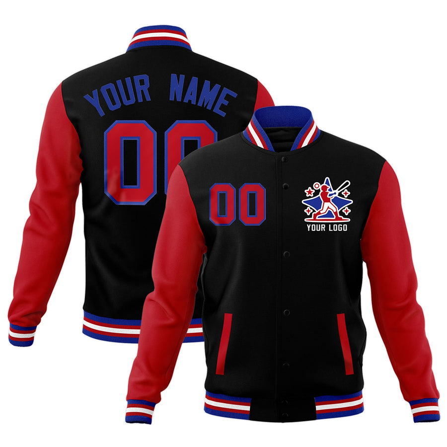 Custom Black Red Royal Blue Raglan Sleeves Full-Snap Letterman Cotton Fabric Jacket | BuyFootballJersey
