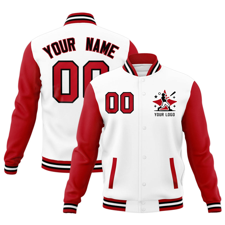 Custom White Black Red Raglan Sleeves Full-Snap Letterman Cotton Fabric Jacket | BuyFootballJersey