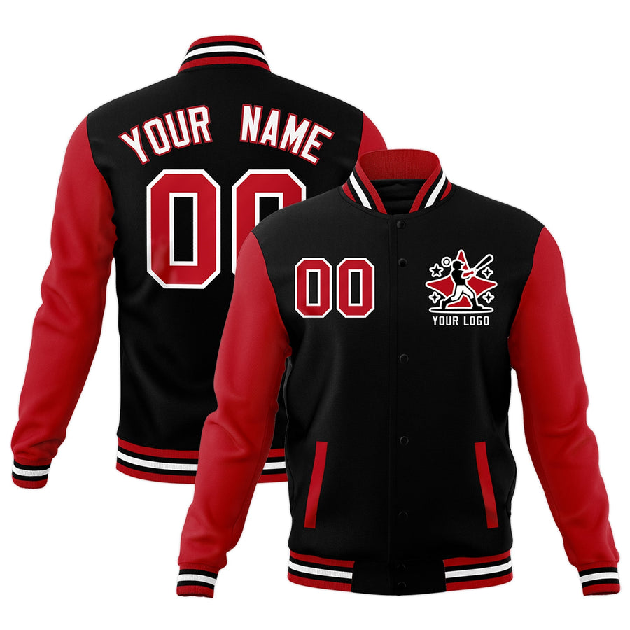 Custom Black White Red Raglan Sleeves Full-Snap Letterman Cotton Fabric Jacket | BuyFootballJersey