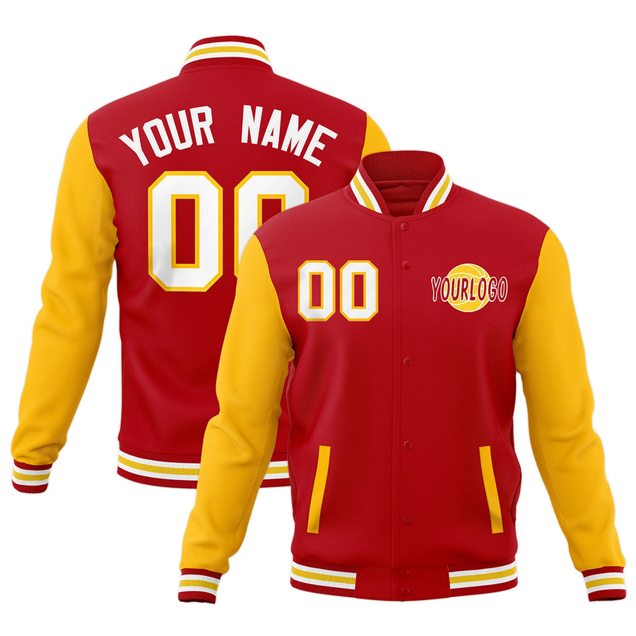 Custom Red White Gold Raglan Sleeves Classic Style Letterman Cotton Fabric Jacket | BuyFootballJersey