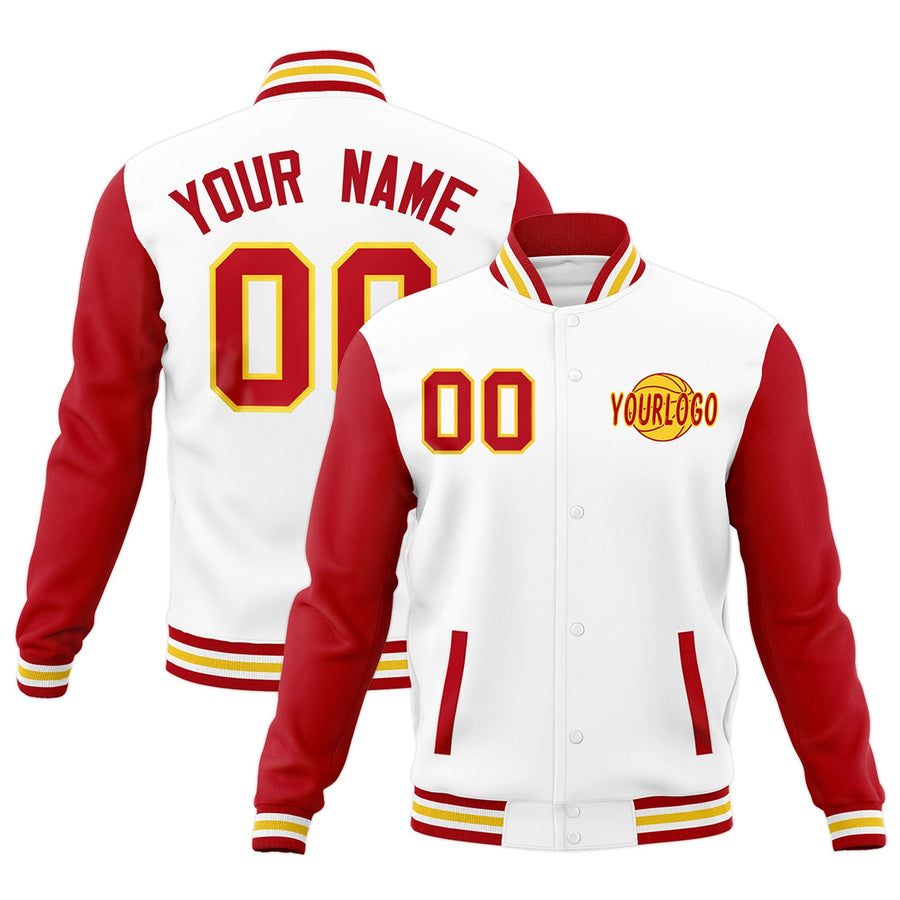 Custom White Red Gold Raglan Sleeves Classic Style Letterman Cotton Fabric Jacket | BuyFootballJersey