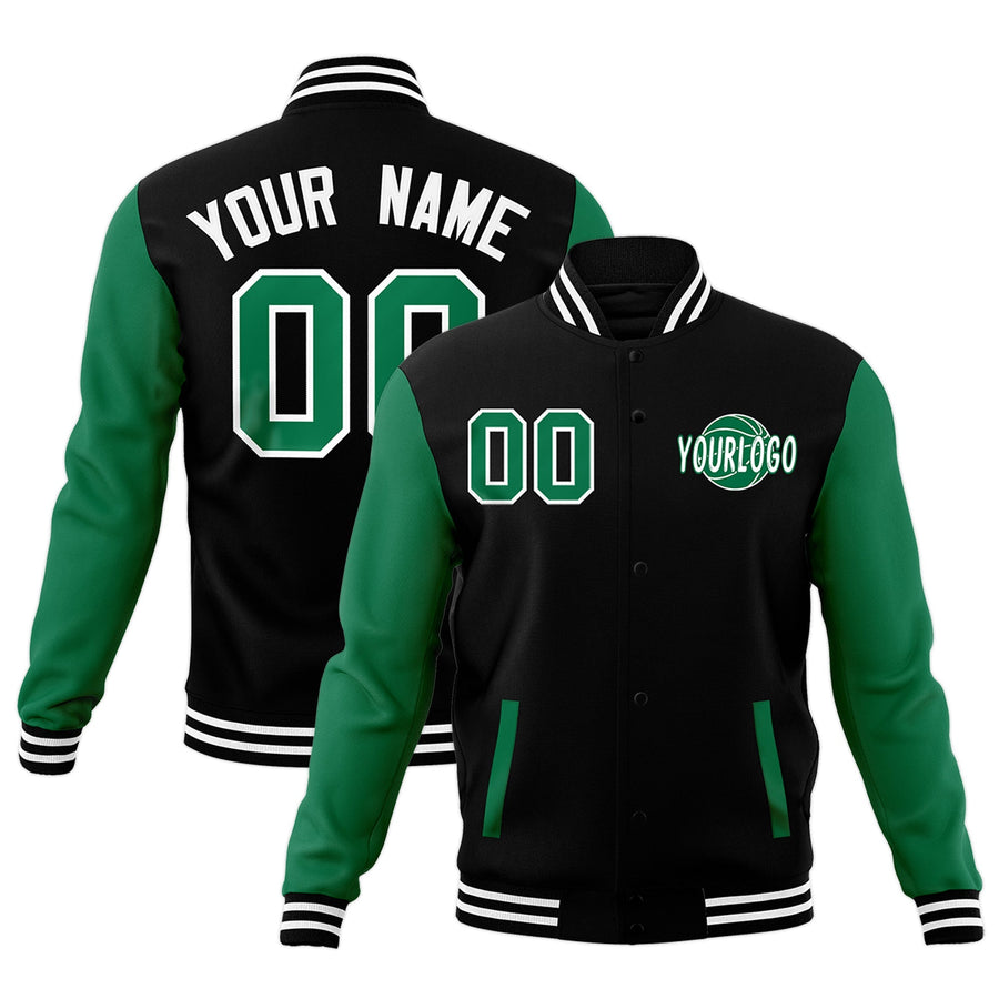 Custom Black Kelly Green White Raglan Sleeves Classic Style Letterman Cotton Fabric Jacket | BuyFootballJersey
