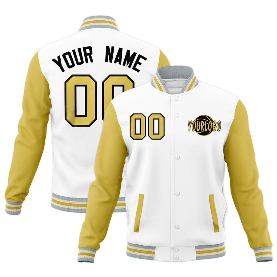 Custom White Old Gold Gray Raglan Sleeves Classic Style Letterman Cotton Fabric Jacket | BuyFootballJersey