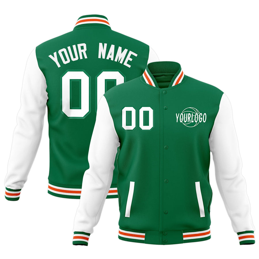 Custom Kelly Green White Orange Raglan Sleeves Classic Style Letterman Cotton Fabric Jacket | BuyFootballJersey