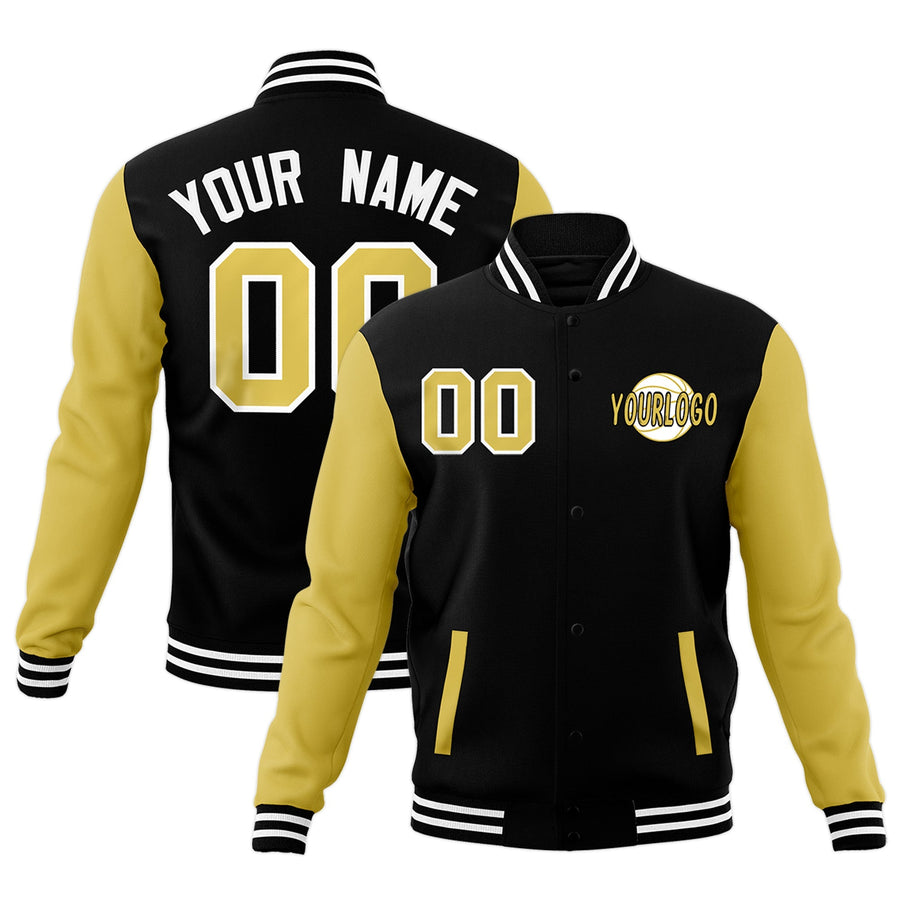 Custom Black Old Gold White Raglan Sleeves Classic Style Letterman Cotton Fabric Jacket | BuyFootballJersey