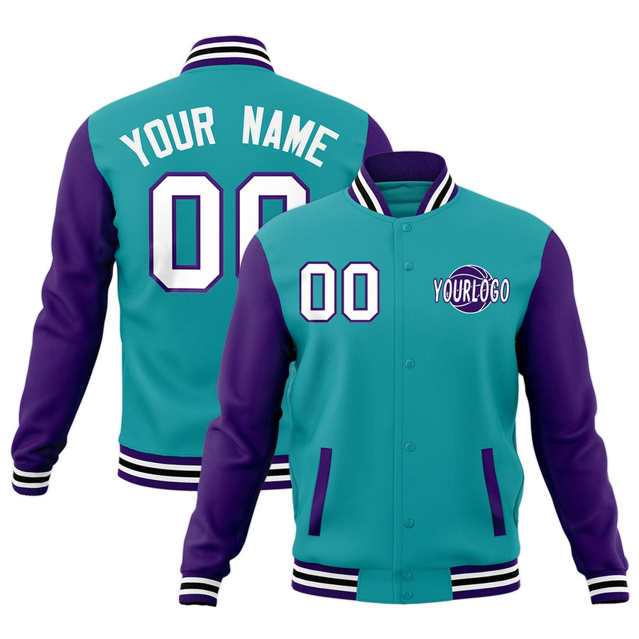 Custom Aqua Purple White Raglan Sleeves Classic Style Letterman Cotton Fabric Jacket | BuyFootballJersey