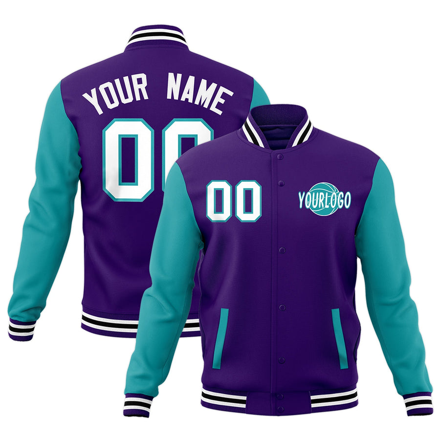Custom Purple Aqua White Raglan Sleeves Classic Style Letterman Cotton Fabric Jacket | BuyFootballJersey