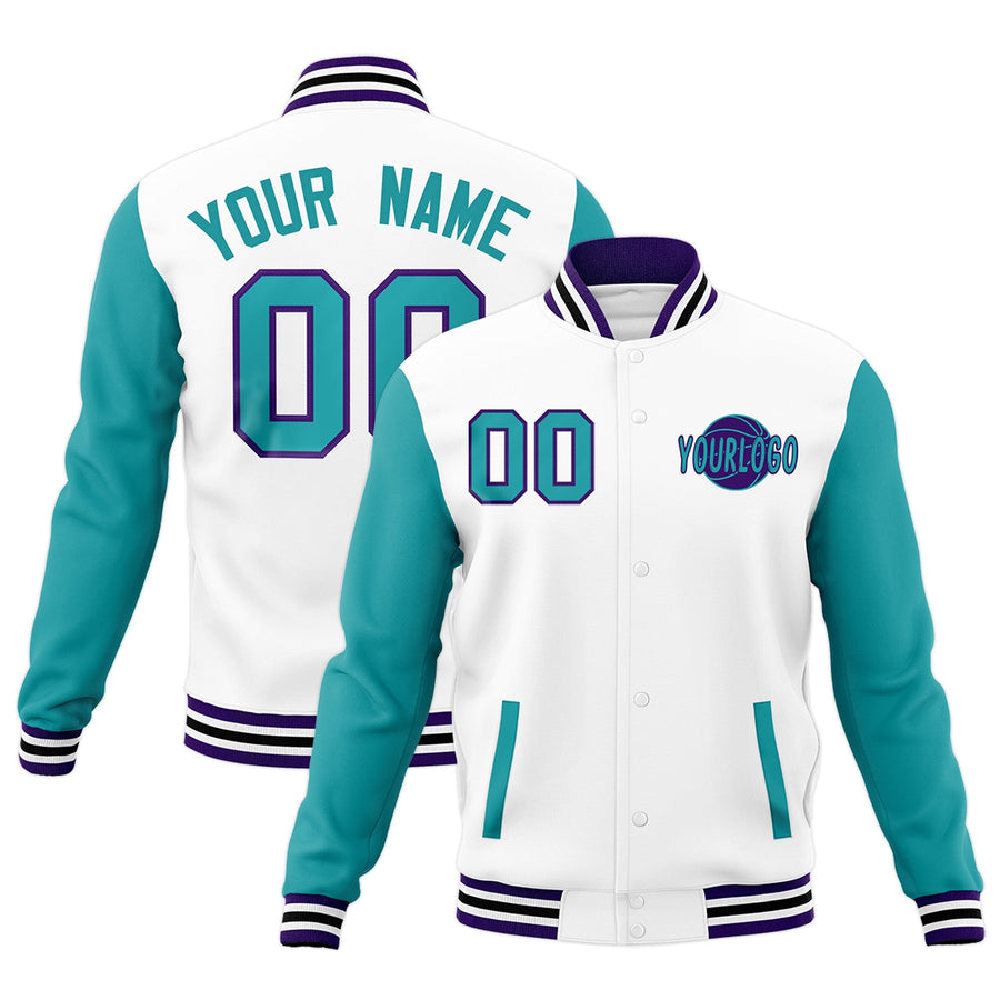 Custom White Aqua Purple Raglan Sleeves Classic Style Letterman Cotton Fabric Jacket | BuyFootballJersey