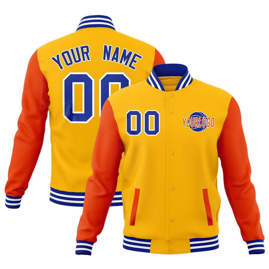 Custom Orange Royal Blue White Raglan Sleeves Classic Style Letterman Cotton Fabric Jacket | BuyFootballJersey