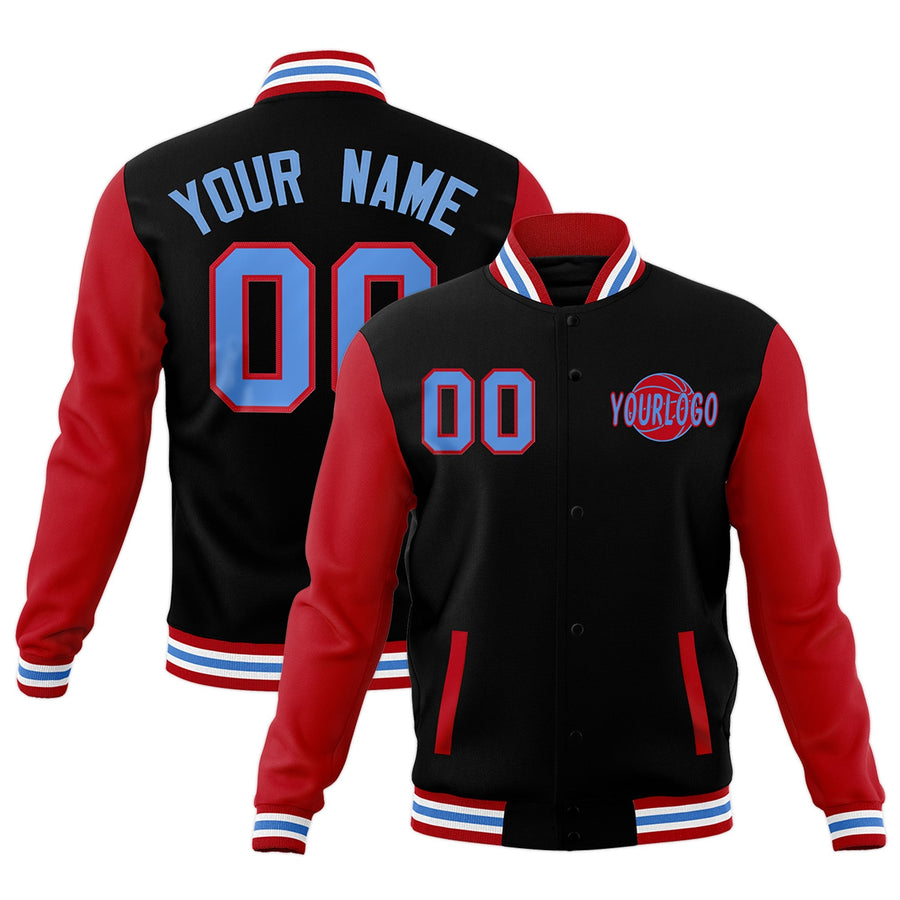 Custom Red Black Powder Blue Raglan Sleeves Classic Style Letterman Cotton Fabric Jacket | BuyFootballJersey