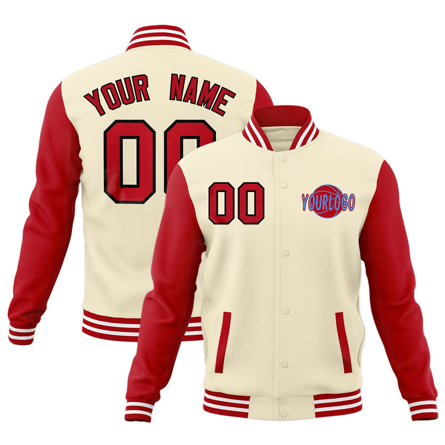 Custom Cream Red White Raglan Sleeves Classic Style Letterman Cotton Fabric Jacket | BuyFootballJersey