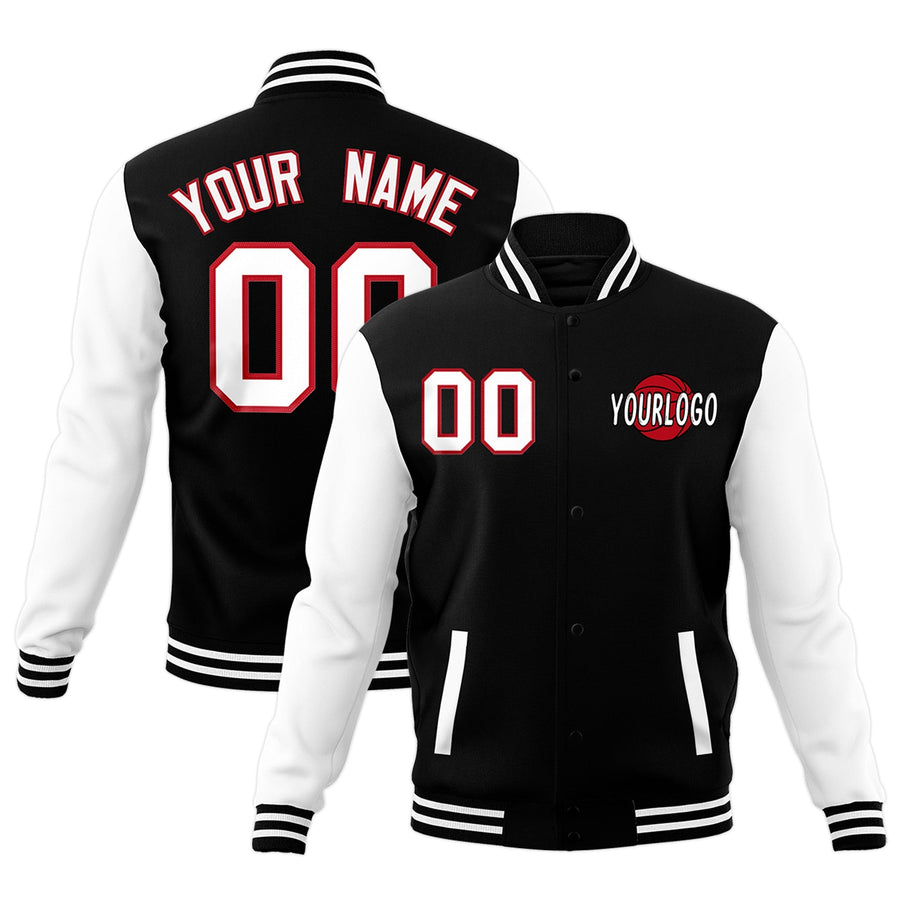 Custom Black White Red Raglan Sleeves Classic Style Letterman Cotton Fabric Jacket | BuyFootballJersey