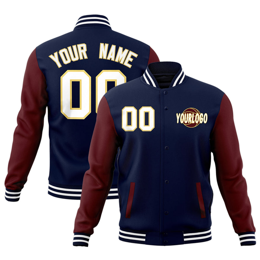 Custom Navy Crimson White Raglan Sleeves Classic Style Letterman Cotton Fabric Jacket | BuyFootballJersey