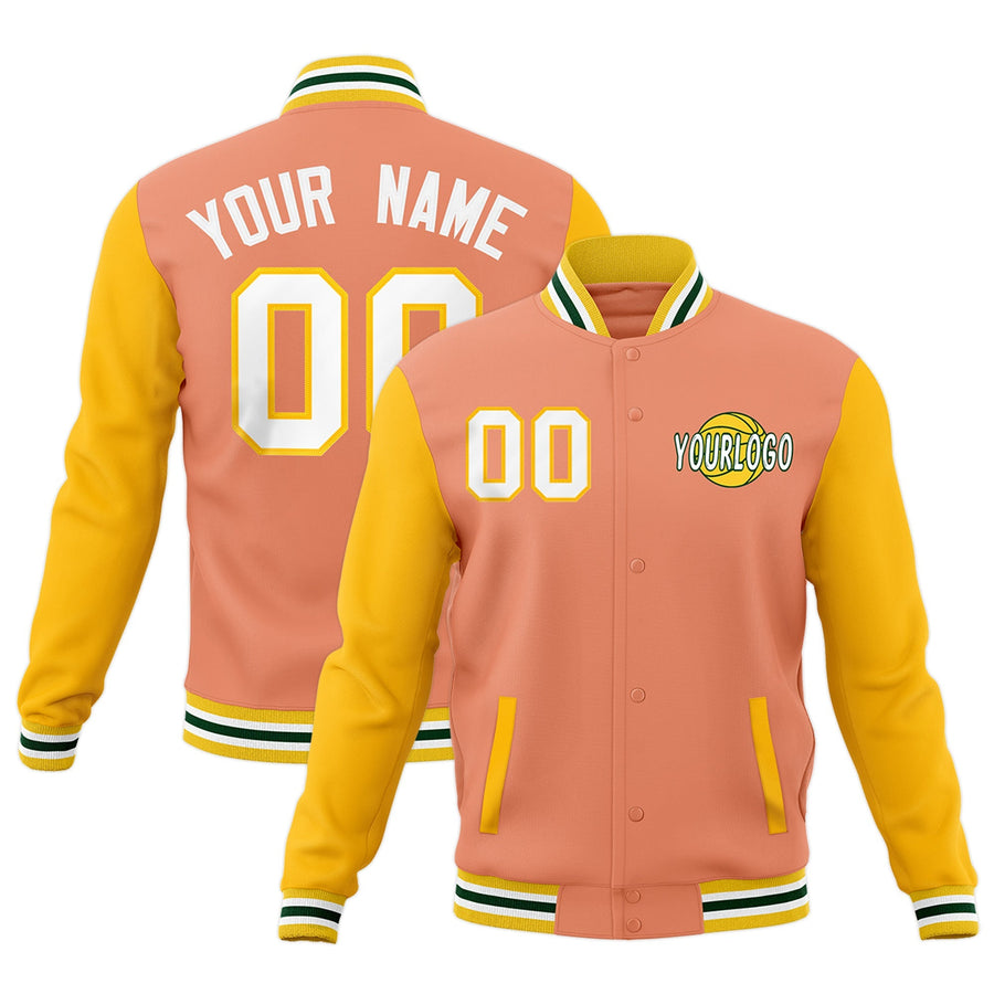 Custom Light Orange Gold White Raglan Sleeves Classic Style Letterman Cotton Fabric Jacket | BuyFootballJersey