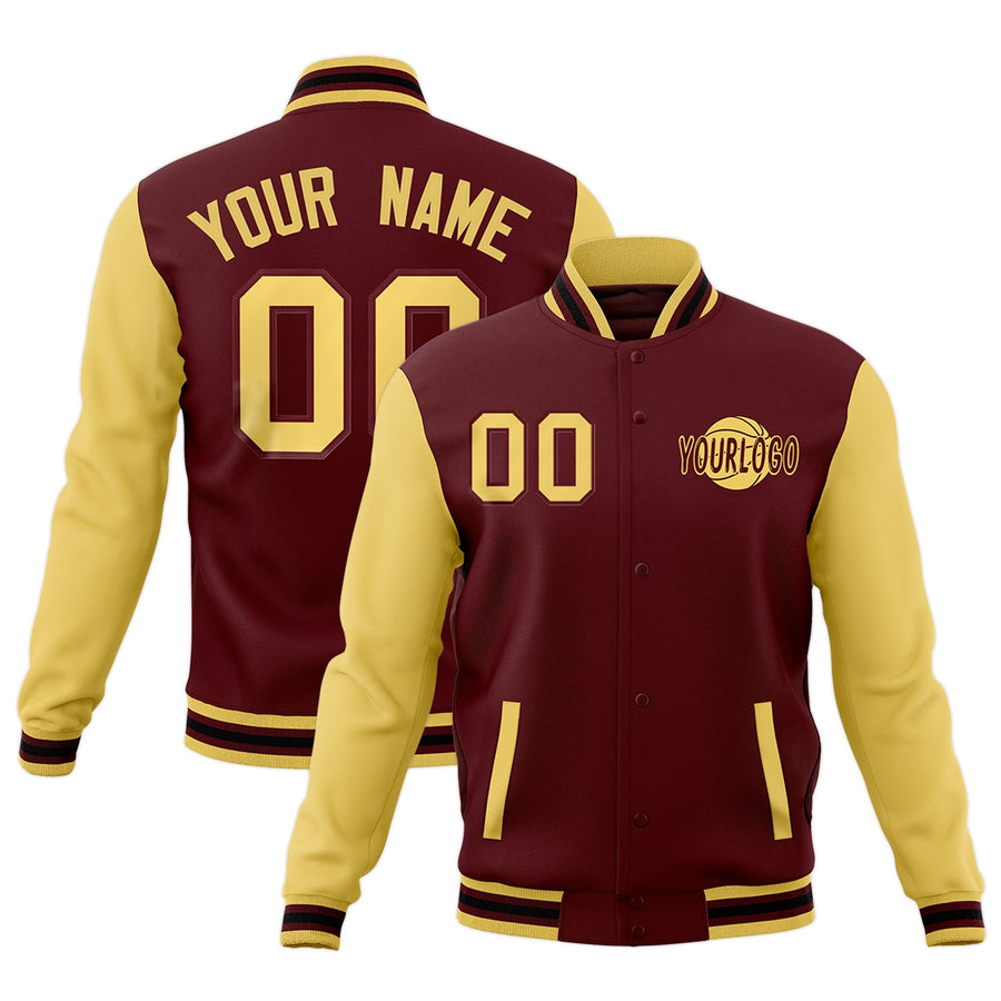 Custom Crimson Khaki Black Raglan Sleeves Classic Style Letterman Cotton Fabric Jacket | BuyFootballJersey
